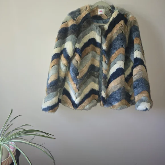 Buddy Love Chevron Faux Fur Jacket in Blue and Tan - Picture 1 of 3